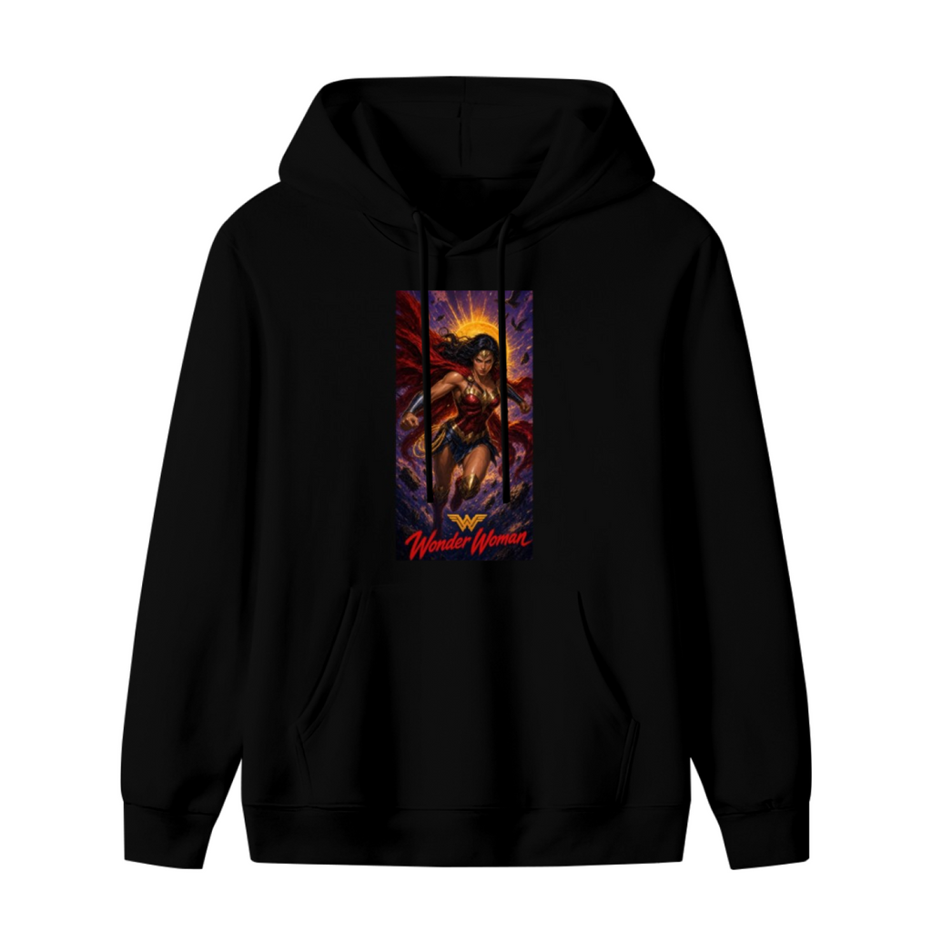 A lasso-wielding warrior posed before a radiant sun halo shown on the front of a men's hoodie in a standalone product shot