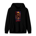 A lasso-wielding warrior posed before a radiant sun halo shown on the front of a men's hoodie in a standalone product shot