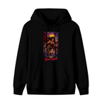 A lasso-wielding warrior posed before a radiant sun halo shown on the front of a men's hoodie in a standalone product shot