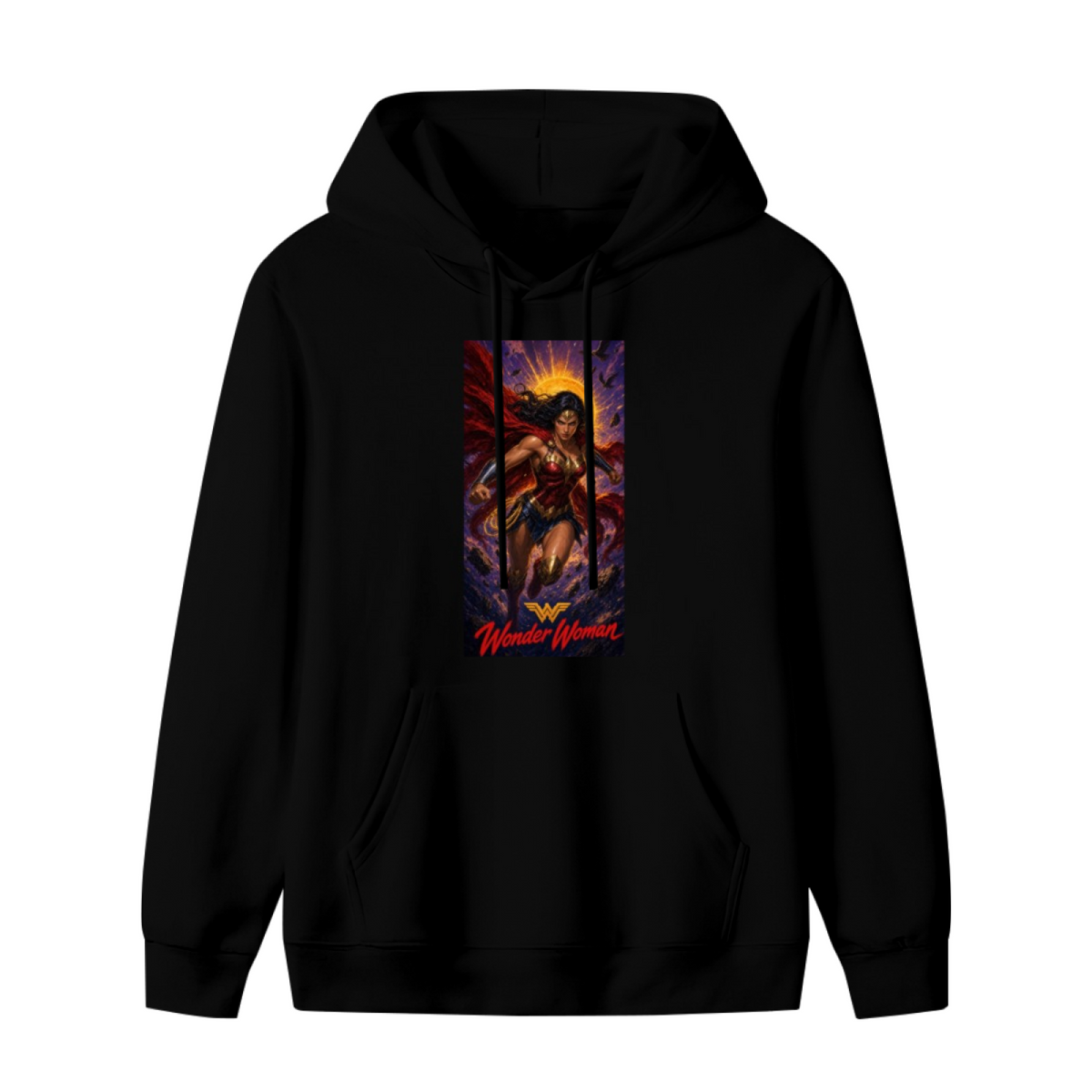 A lasso-wielding warrior posed before a radiant sun halo shown on the front of a men's hoodie in a standalone product shot