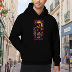 Outdoor photograph of a model in a men's hoodie bearing a lasso-wielding warrior posed before a radiant sun halo