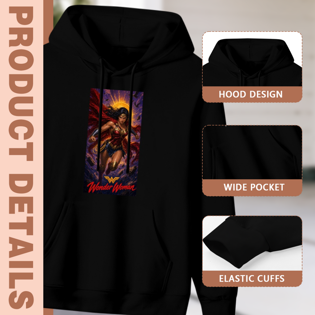Hood, pouch pocket and sleeve-cuff detail images accompanying the men's Lasso beneath a Radiant Halo hoodie