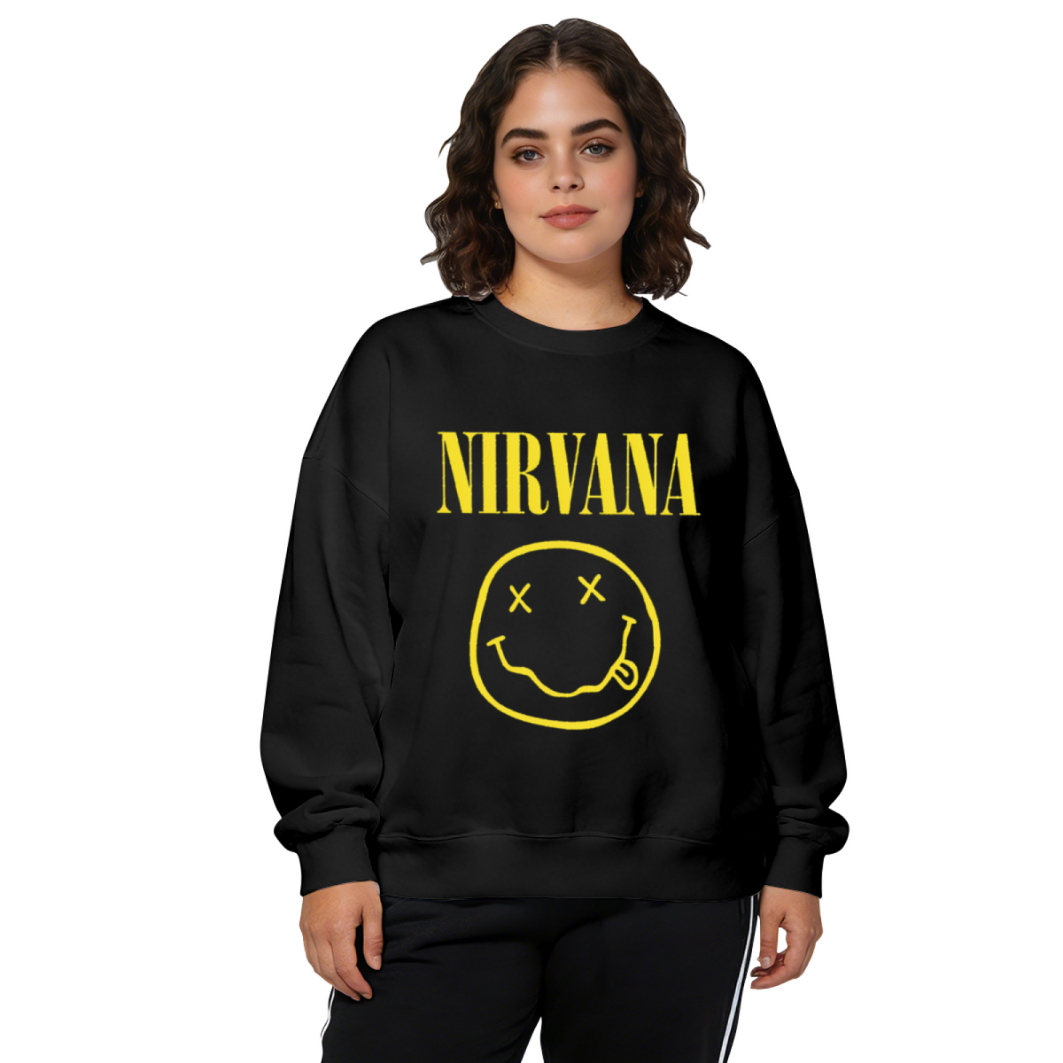 Crewneck sweatshirt product image with classic Nirvana smiley face graphic