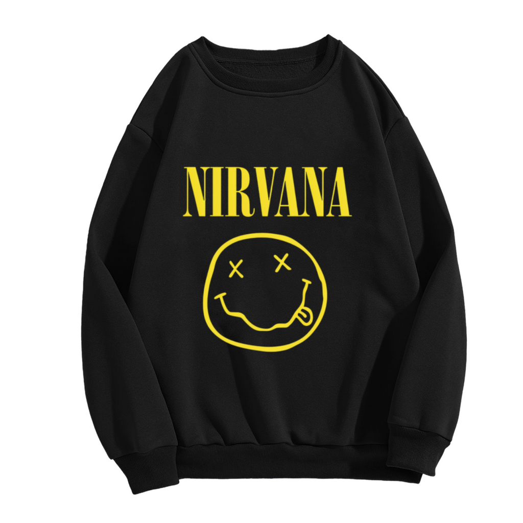 Crewneck sweatshirt product image with classic Nirvana smiley face graphic