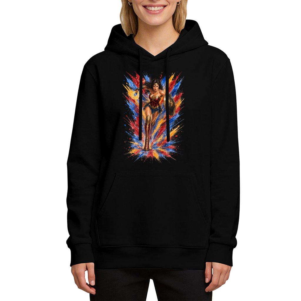 Women's hoodie seen on a model, its front graphic depicting a shield-bearing warrior with a lasso amid jagged multicolored paint strokes