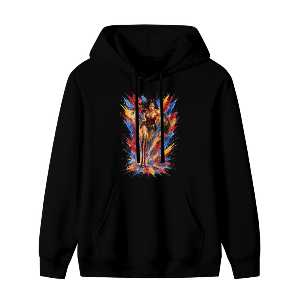 Front garment photograph: women's hoodie decorated with a shield-bearing warrior with a lasso amid jagged multicolored paint strokes