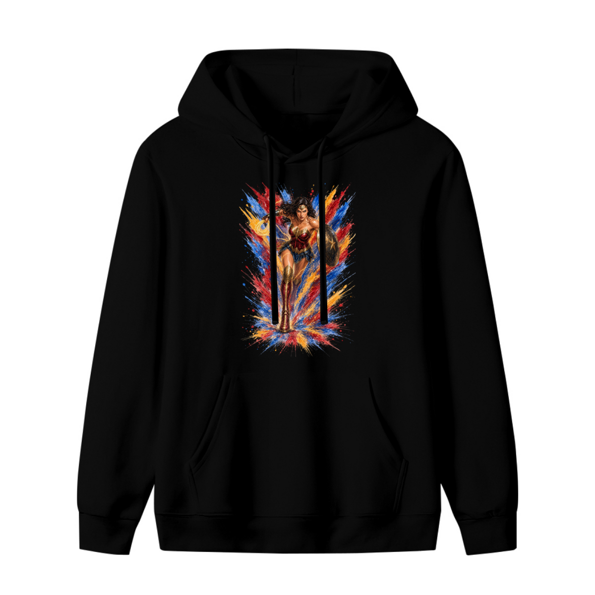 Front garment photograph: women's hoodie decorated with a shield-bearing warrior with a lasso amid jagged multicolored paint strokes