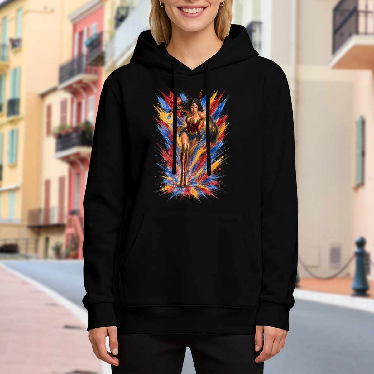 A shield-bearing warrior with a lasso amid jagged multicolored paint strokes visible on a women's hoodie in an outdoor front model view