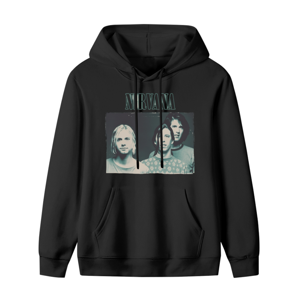Hoodie product image with blue tinted band photo artwork, black colorway