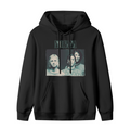 Hoodie product image with blue tinted band photo artwork, black colorway