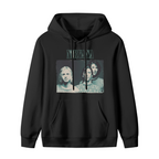 Hoodie product image with blue tinted band photo artwork, black colorway