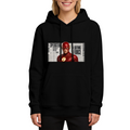 On-model product photo: women's hoodie bearing a scarlet-cowl portrait against a rectangular newspaper-style backdrop