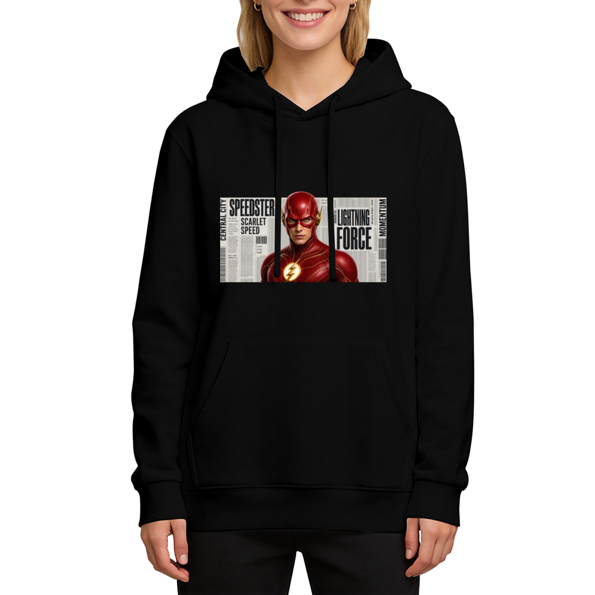On-model product photo: women's hoodie bearing a scarlet-cowl portrait against a rectangular newspaper-style backdrop
