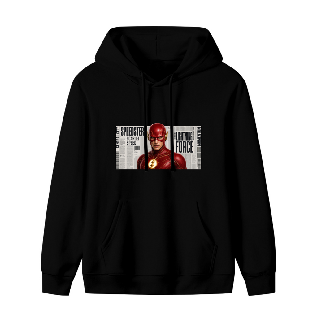 Women's hoodie photographed alone, with a scarlet-cowl portrait against a rectangular newspaper-style backdrop on the front