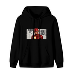 Women's hoodie photographed alone, with a scarlet-cowl portrait against a rectangular newspaper-style backdrop on the front