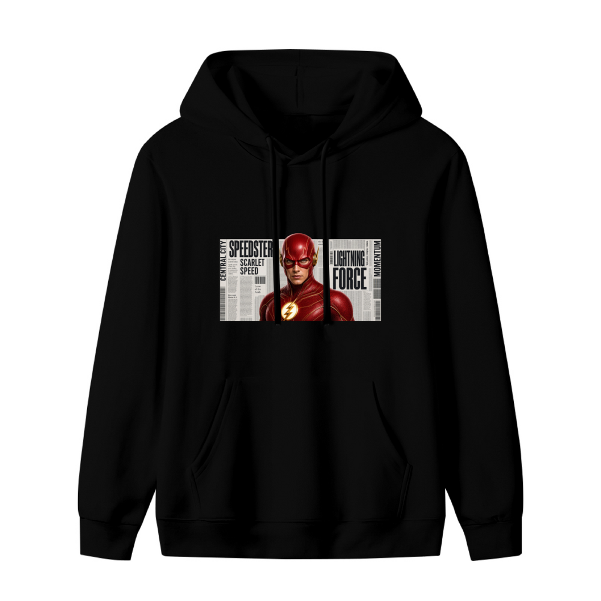 Women's hoodie photographed alone, with a scarlet-cowl portrait against a rectangular newspaper-style backdrop on the front