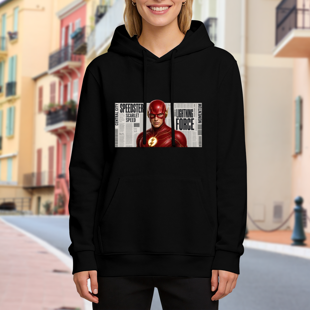 Lifestyle image outdoors: women's hoodie with a front graphic of a scarlet-cowl portrait against a rectangular newspaper-style backdrop
