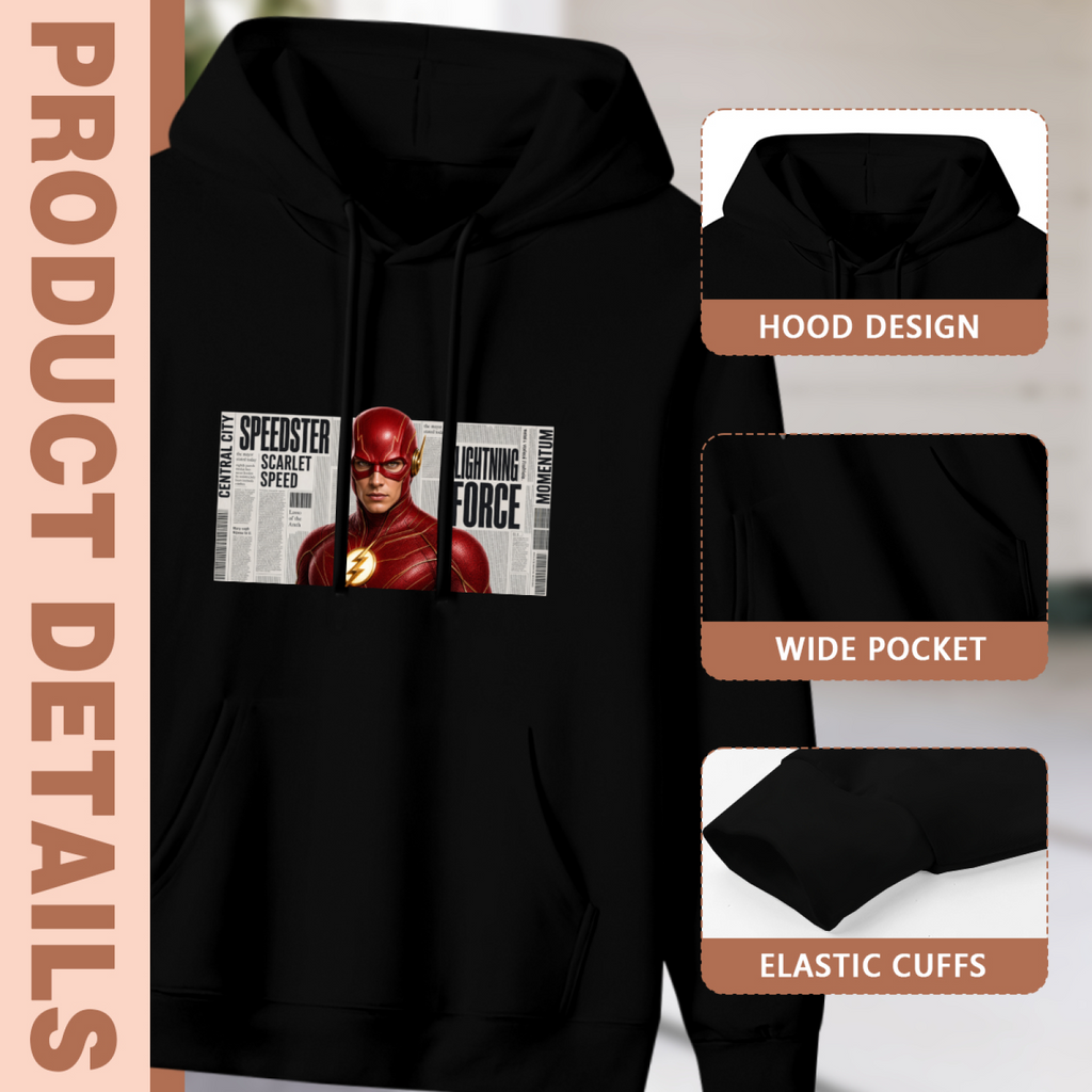 Feature collage for the women's A Cowl on the Printed Page hoodie: hood shape, pouch pocket and cuff finishing
