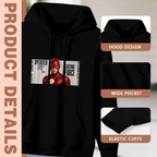 Feature collage for the women's A Cowl on the Printed Page hoodie: hood shape, pouch pocket and cuff finishing