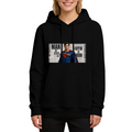 Women's hoodie seen on a model, its front graphic depicting a classic caped figure posed against a rectangular newspaper-style collage
