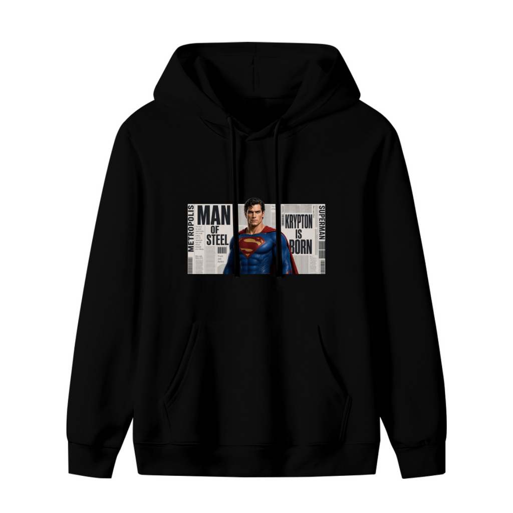Front garment photograph: women's hoodie decorated with a classic caped figure posed against a rectangular newspaper-style collage