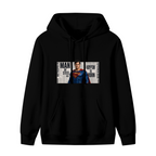 Front garment photograph: women's hoodie decorated with a classic caped figure posed against a rectangular newspaper-style collage
