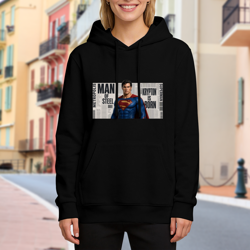A classic caped figure posed against a rectangular newspaper-style collage visible on a women's hoodie in an outdoor front model view