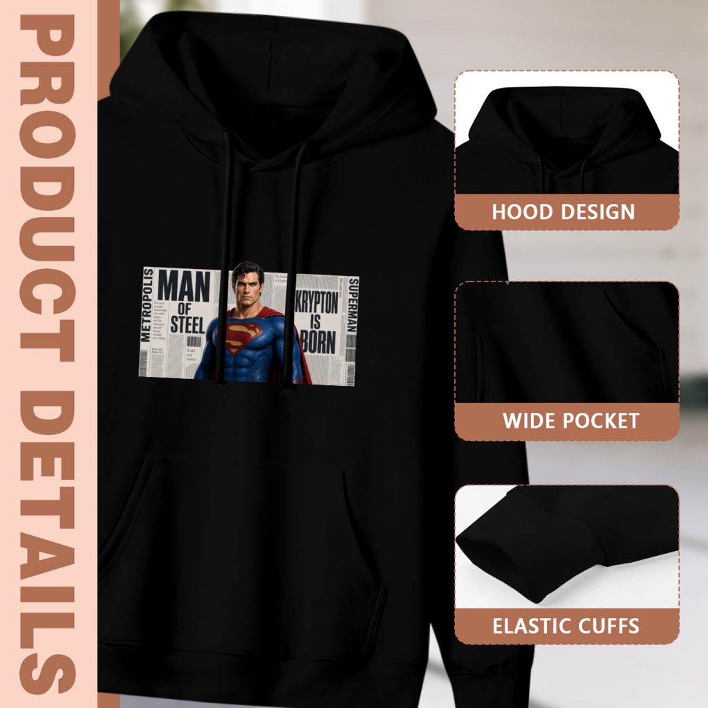 Women's A Classic Portrait in Print hoodie product-feature illustration with close views of the hood, pocket and cuffs