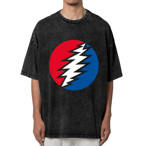 Front view of Grateful Dead Red Blue Lightning Bolt Circle washed graphic T-shirt
