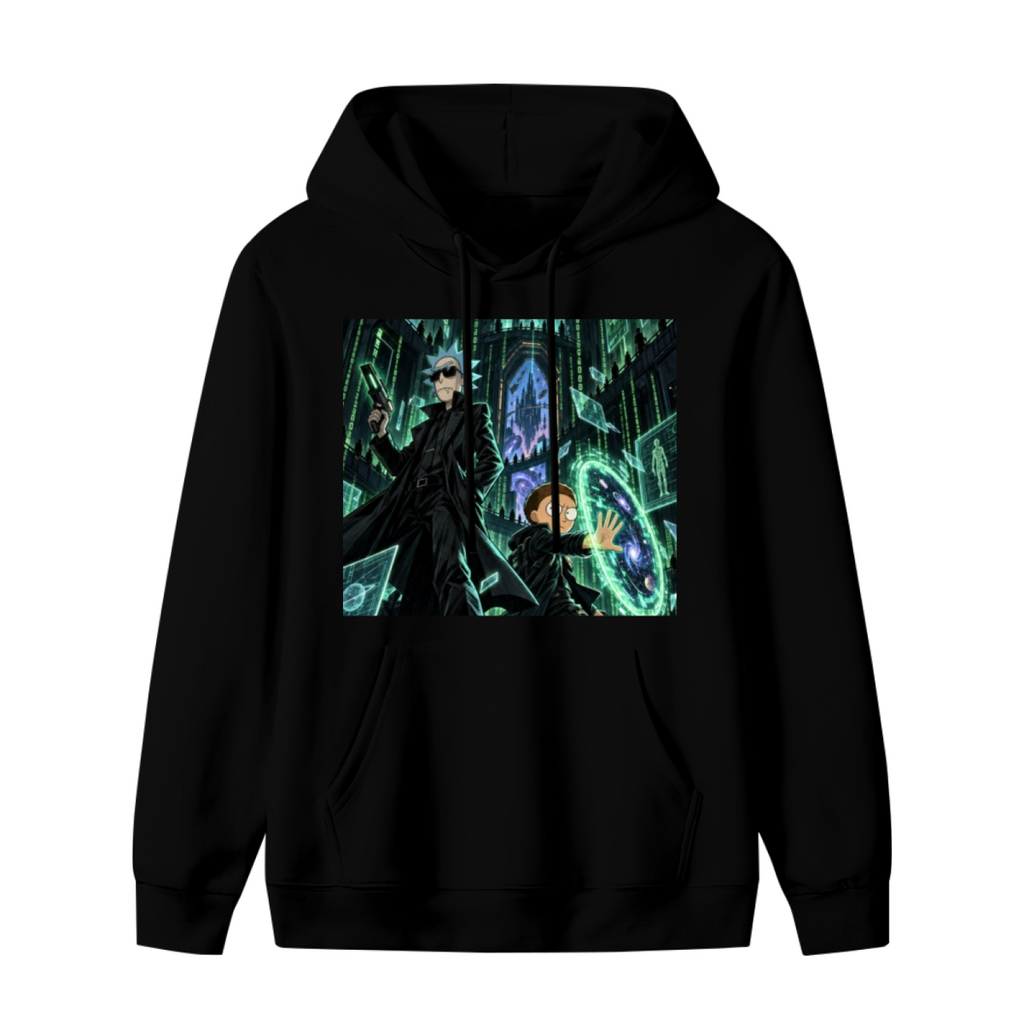 A circular green portal inside a towering Gothic hall shown on the front of a men's hoodie in a standalone product shot