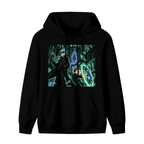 A circular green portal inside a towering Gothic hall shown on the front of a men's hoodie in a standalone product shot