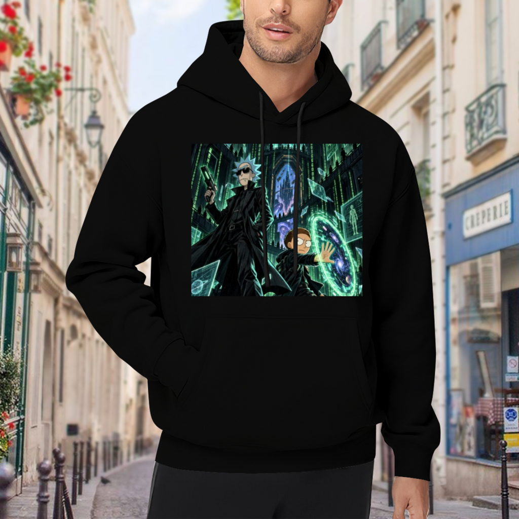 Outdoor photograph of a model in a men's hoodie bearing a circular green portal inside a towering Gothic hall
