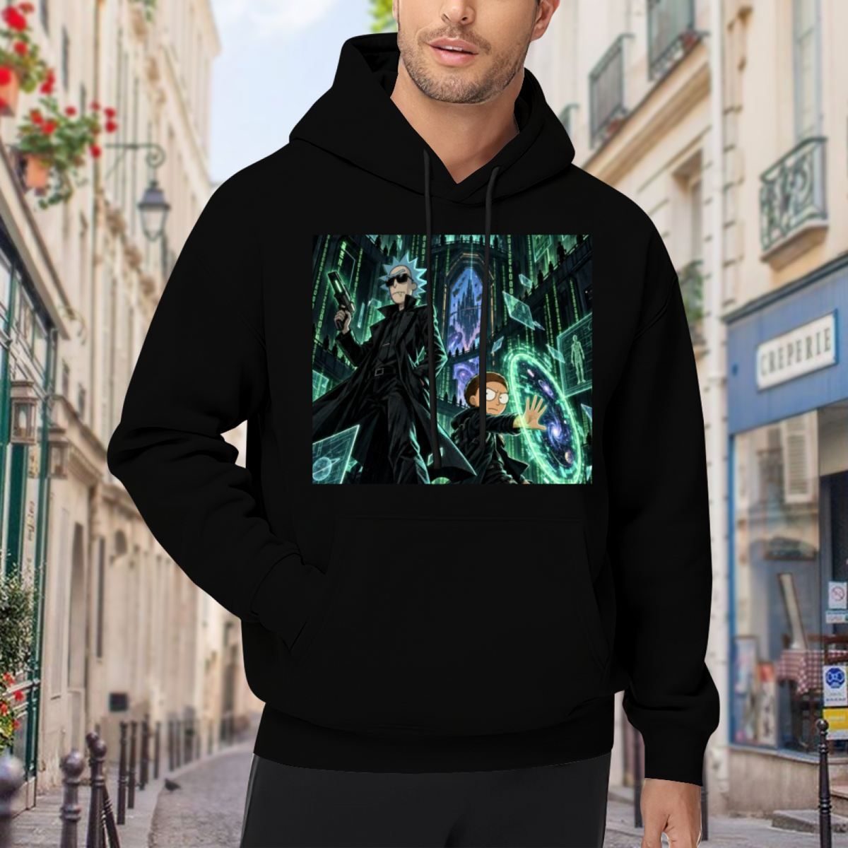 Outdoor photograph of a model in a men's hoodie bearing a circular green portal inside a towering Gothic hall