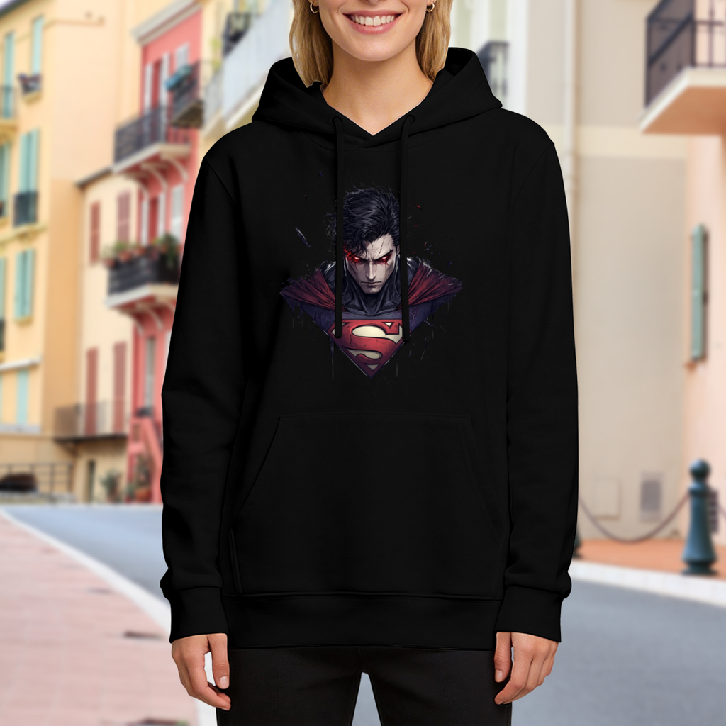 Women's hoodie worn outside, with the camera facing the graphic of an intense-gaze portrait above an angular crest