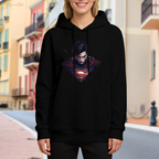 Women's hoodie worn outside, with the camera facing the graphic of an intense-gaze portrait above an angular crest