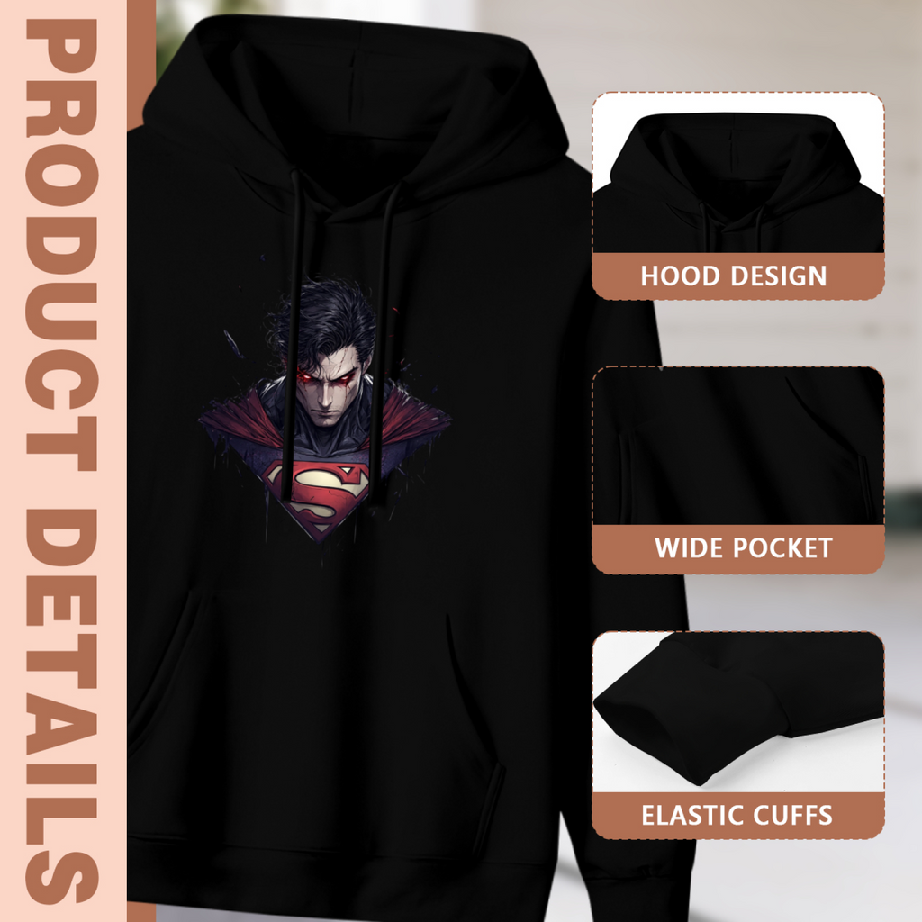 Construction-detail card for the women's Face and Angular Emblem hoodie, including the hood, front pouch and cuff edges