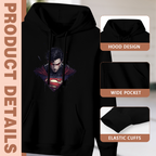Construction-detail card for the women's Face and Angular Emblem hoodie, including the hood, front pouch and cuff edges