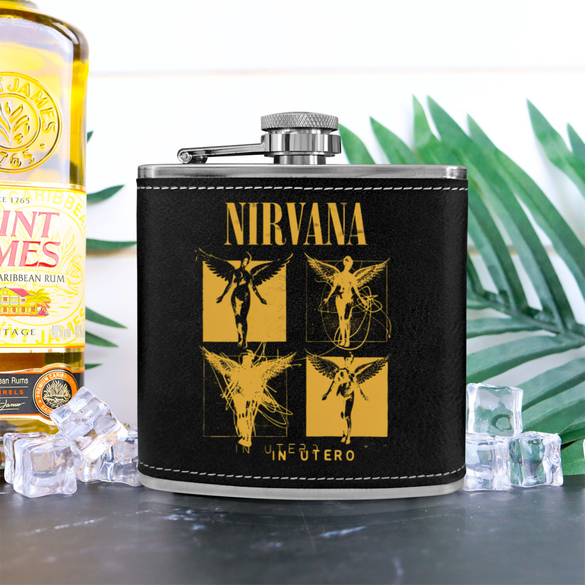 Nirvana In Utero Sketch 6oz vintage-style stainless steel hip flask product image