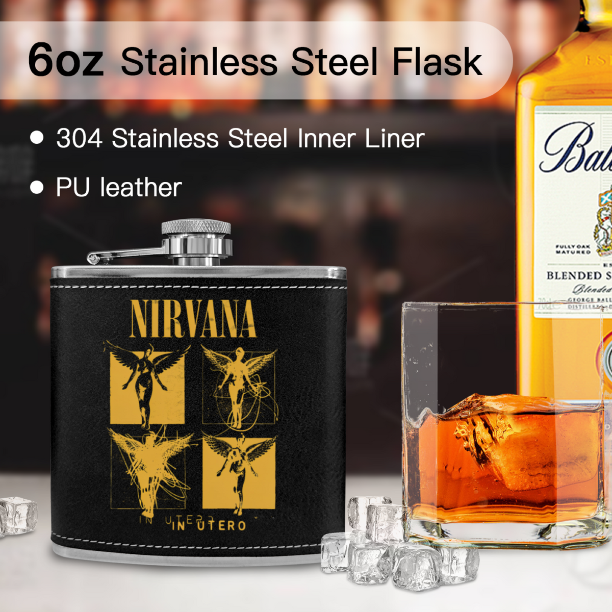 Nirvana In Utero Sketch 6oz vintage-style stainless steel hip flask product image
