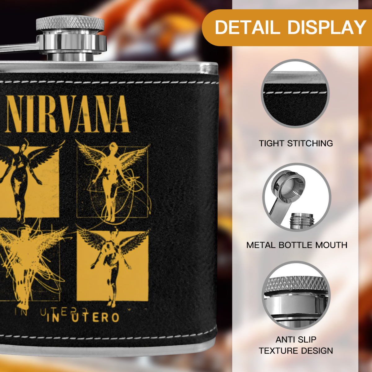Nirvana In Utero Sketch 6oz vintage-style stainless steel hip flask product image