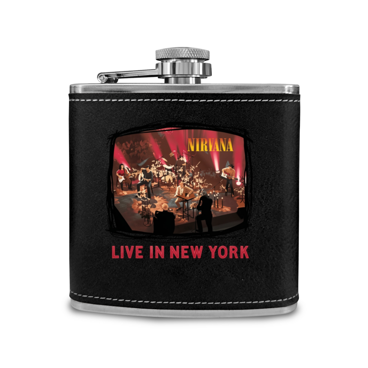 Nirvana Live in New York 6oz vintage-style stainless steel hip flask product image