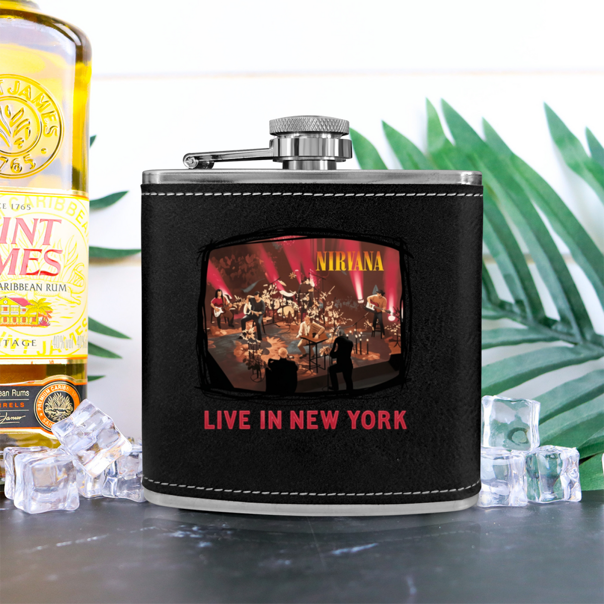 Nirvana Live in New York 6oz vintage-style stainless steel hip flask product image