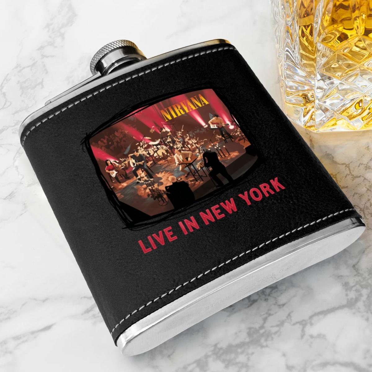 Nirvana Live in New York 6oz vintage-style stainless steel hip flask product image