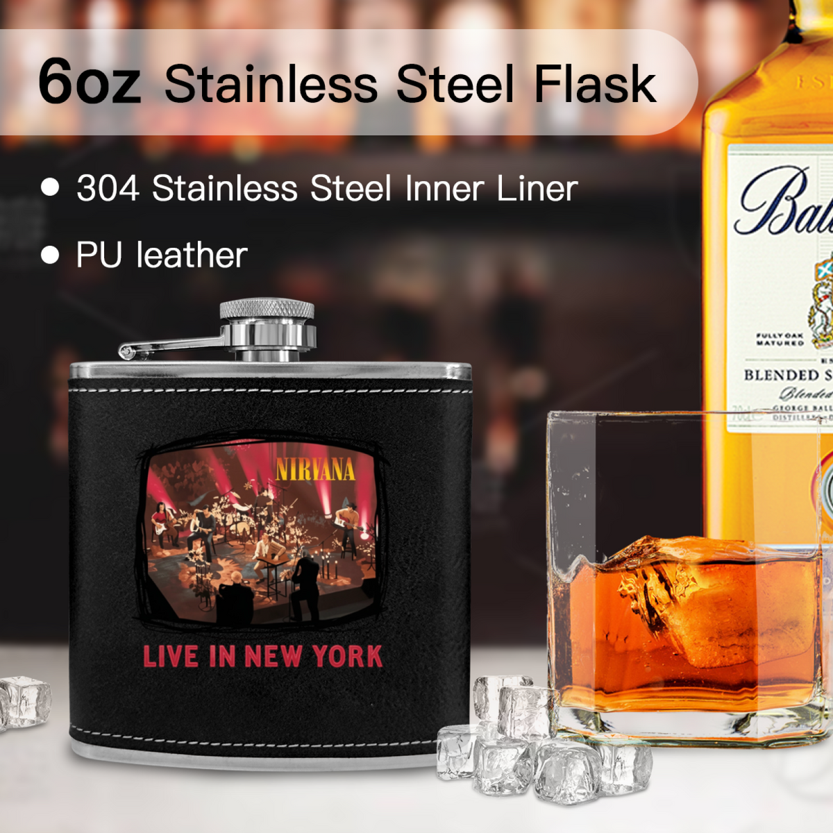 Nirvana Live in New York 6oz vintage-style stainless steel hip flask product image
