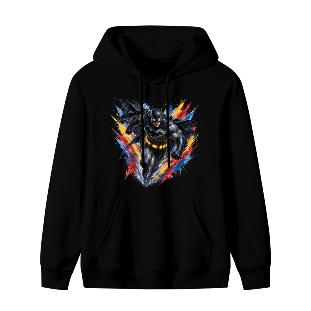 Men's hoodie photographed alone, with a winged masked figure bursting through jagged multicolored paint strokes on the front