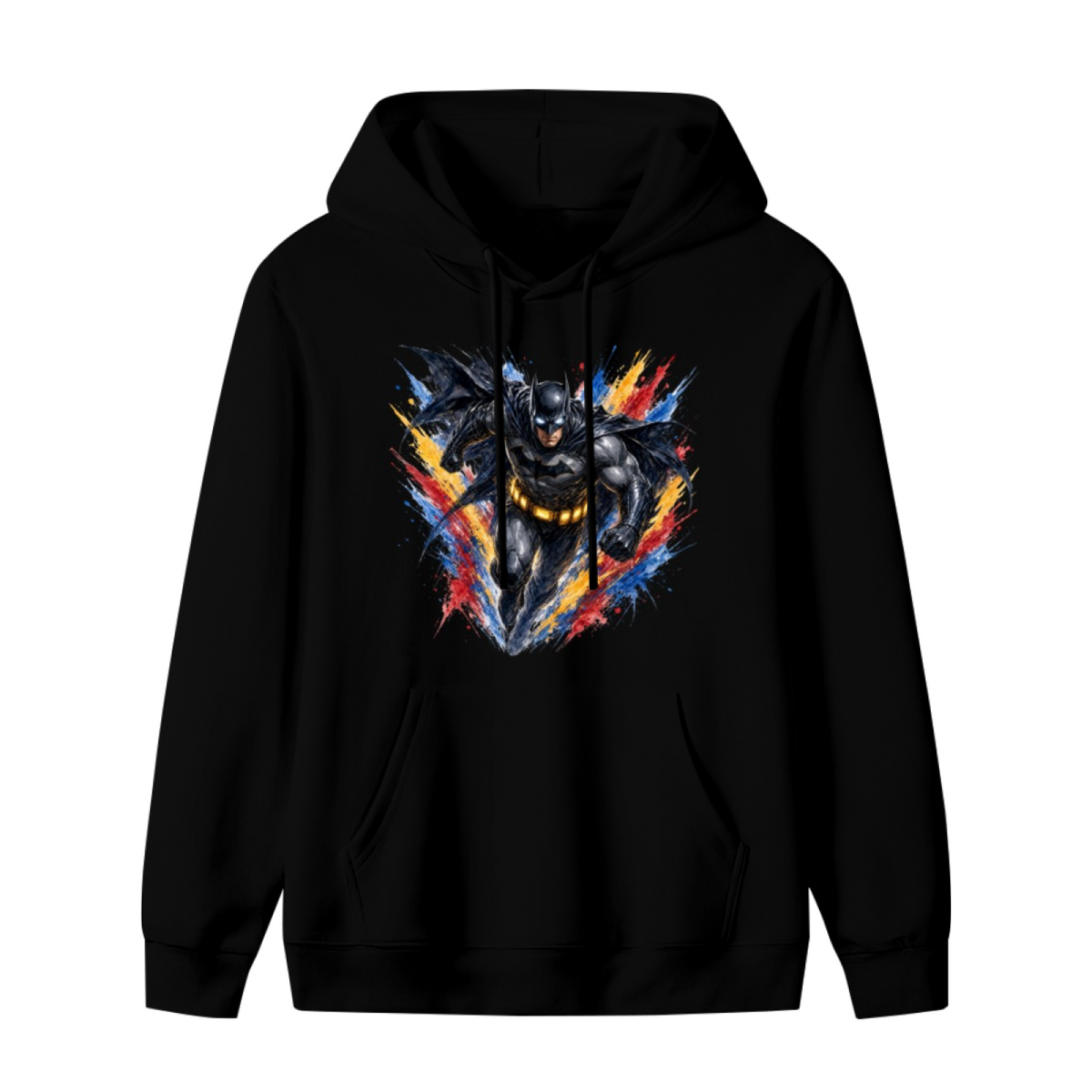 Men's hoodie photographed alone, with a winged masked figure bursting through jagged multicolored paint strokes on the front