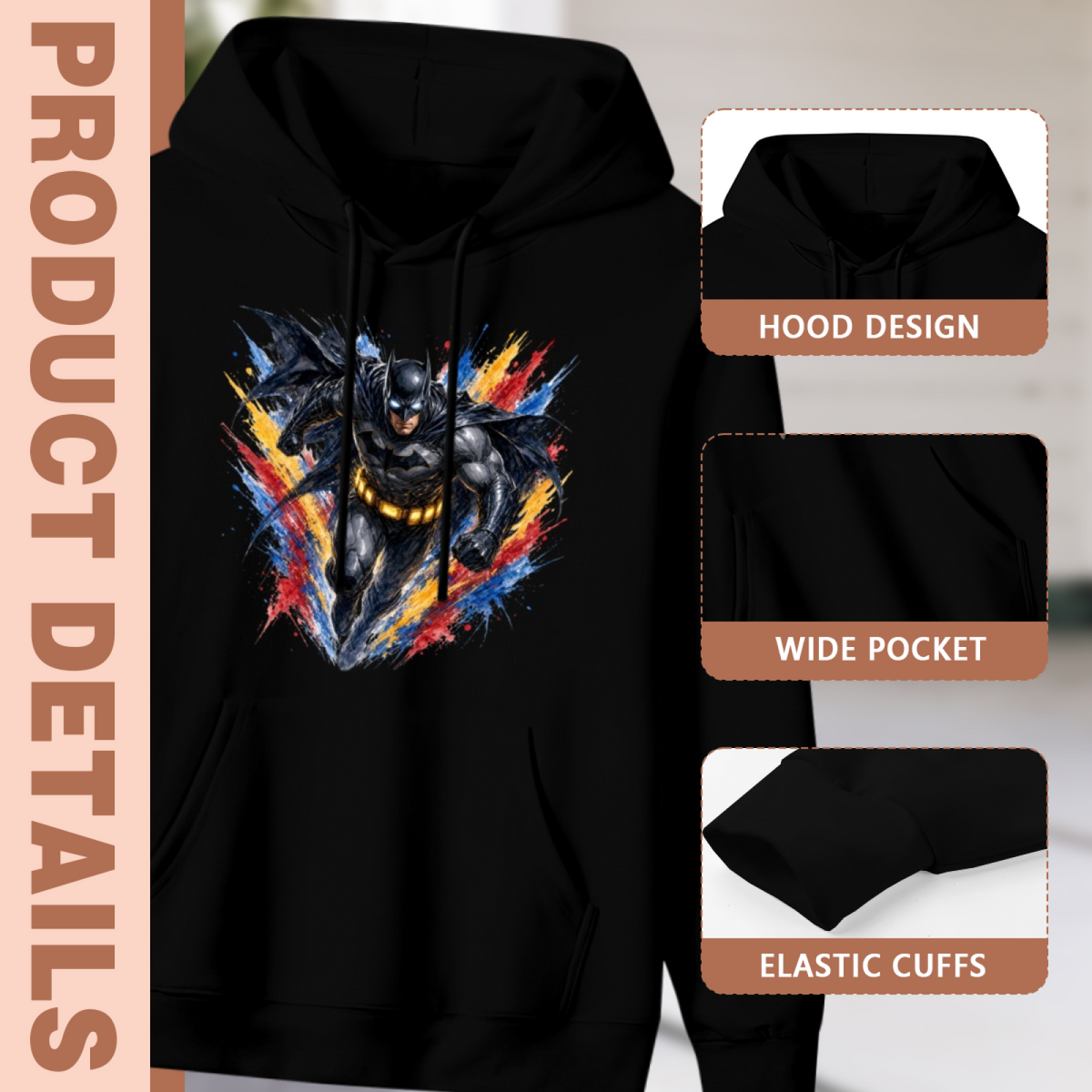 Feature collage for the men's Winged Figure in Paint Shards hoodie: hood shape, pouch pocket and cuff finishing