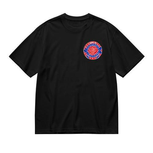 Front view of Grateful Deadcast rose badge left chest graphic T-shirt on a black T-shirt