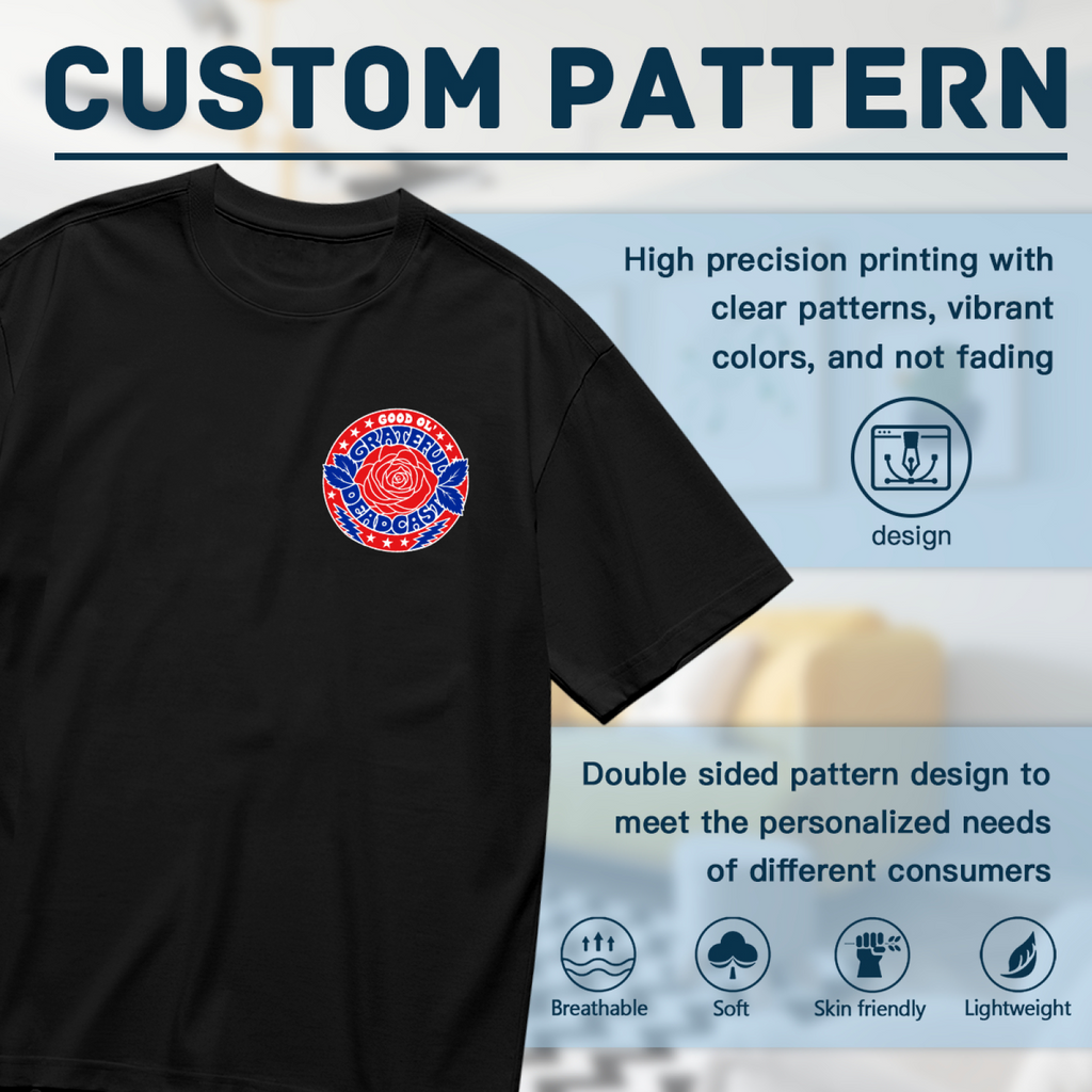 Close-up product image of Grateful Deadcast rose badge left chest graphic T-shirt on a black T-shirt