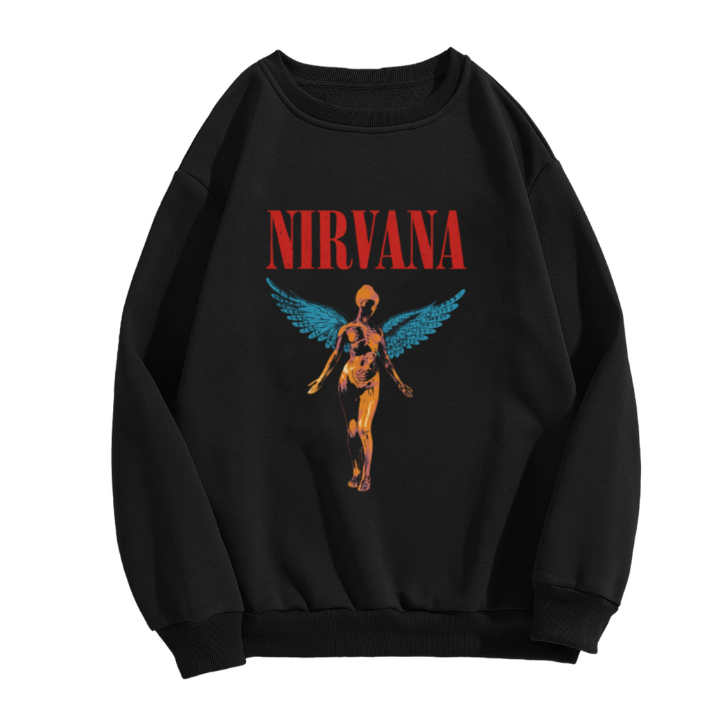 Crewneck sweatshirt product image with In Utero angel illustration with blue-wing details